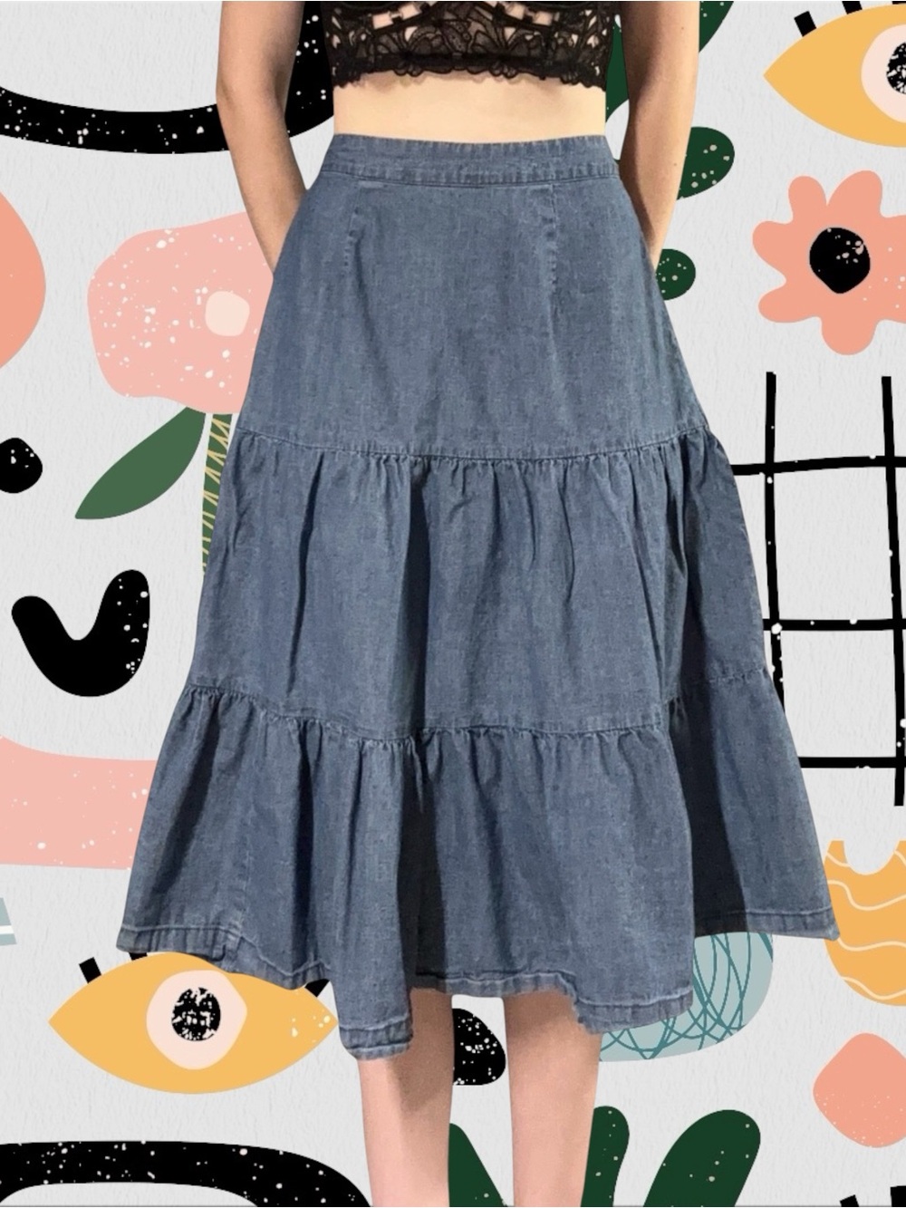 St. John’s Bay | Vintage High Waisted Medium Blue Tiered Knee Length Skirt